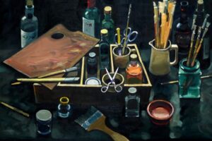 "Studio Table" oil on canvas by alexander Robb