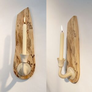 spalted elm wall sconce with earthenware candlestick