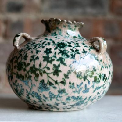 Medium Bellied Raku Vase with Copper Floral Pattern