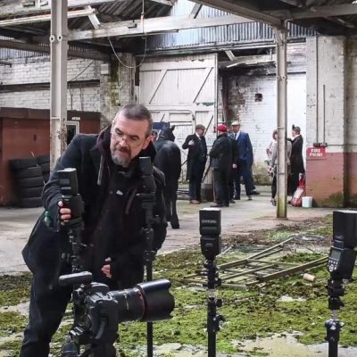 Behind the scenes at a "Peaky Blinders" themed shoot at Rosefield Mills