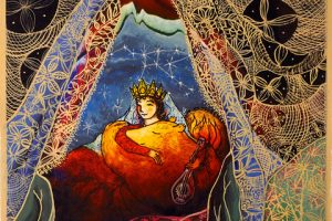 The Girl who married a Bear Division ended The girl who married a bear Seeks wildness, oneness Fused glass with unfired painting, printed then painted with gouache.