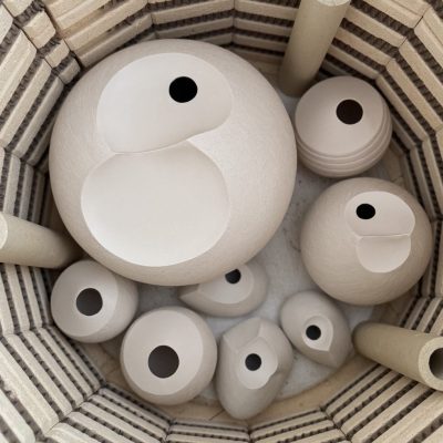 Once dry, the clay is fired to ceramic in an electric kiln. The process takes about 12 hours with at least 24 hours of cooling time after.