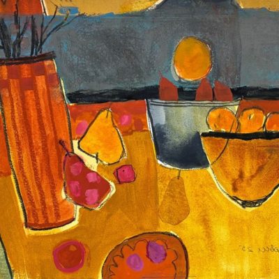 Fruit salad. Gouache and pencil. 35 x 21 cm