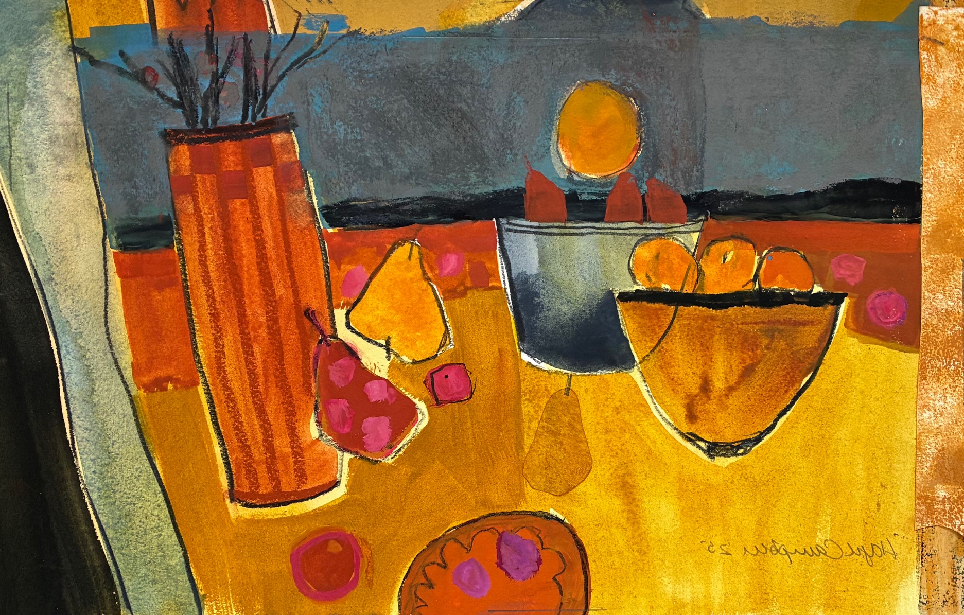 Fruit salad. Gouache and pencil. 35 x 21 cm