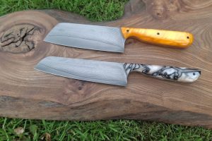 Pair of stainless steel Damascus Bunkas
