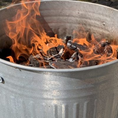 I smoke-fire my ceramic pieces in a galvanised metal dustbin using a variety of combustible materials