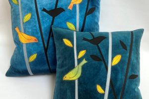 Finches cushions, cotton velvet with cotton and linen applique, 45x45cm and 36x36cm