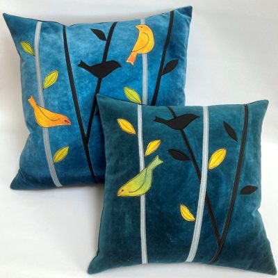 Finches cushions, cotton velvet with cotton and linen applique, 45x45cm and 36x36cm
