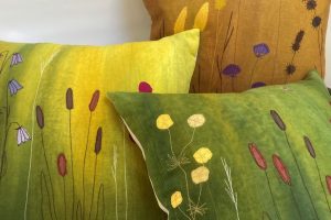 Meadow cushions, dyed linen with silk and thread embroidery, 45x45cm