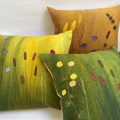 Meadow cushions, dyed linen with silk and thread embroidery, 45x45cm