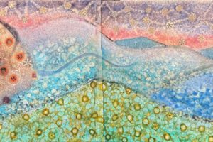 Hill dreams “…and your sleeping body, which rests in peace on earth As your spirit becomes restless to swoop and soar and fly” Another double page spread from Goodnight Cosmos. Fused glass with fired painting.