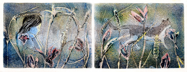 Dusk in the Meadow 'Bid Goodnight to the flowers, the animals and insects For in the gentle darkness earth’s beauty can’t be seen’ A double page spread from Goodnight Cosmos, the children’s book I’m working on. Fused glass with fired painting.and plant inclusions.