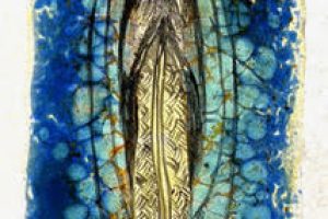 Young Bird Goddess Fused glass with fired painting.