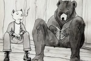 Listening for birds with The Bear. Part of comic