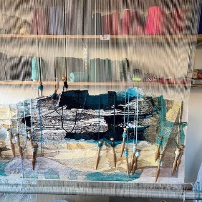 A large tapestry on my scaffold loom in my studio. This is now completed and called “I Am Here’ A large tapestry on my scaffold loom in my studio. This is now completed and called “I Am Here’